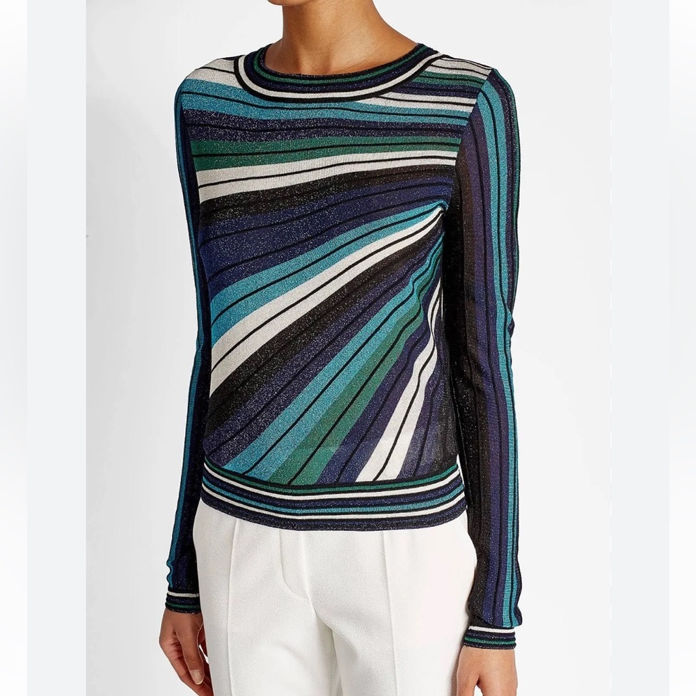 Striped Long-Sleeve Crewneck Top in Teal & Navy Recently DRY CLEANED